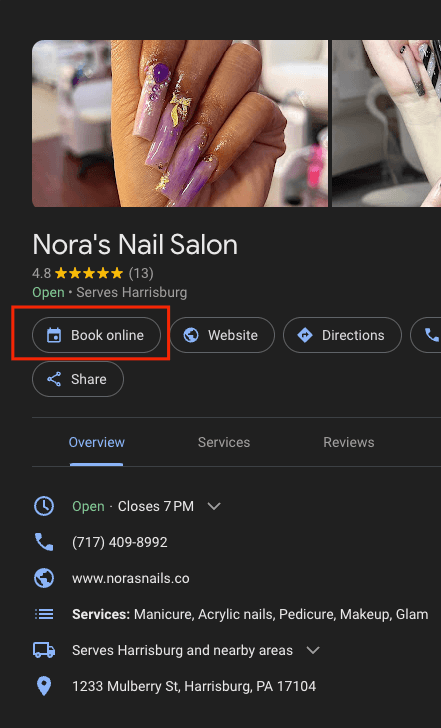 Google Business Profile featuring a book online option for appointments