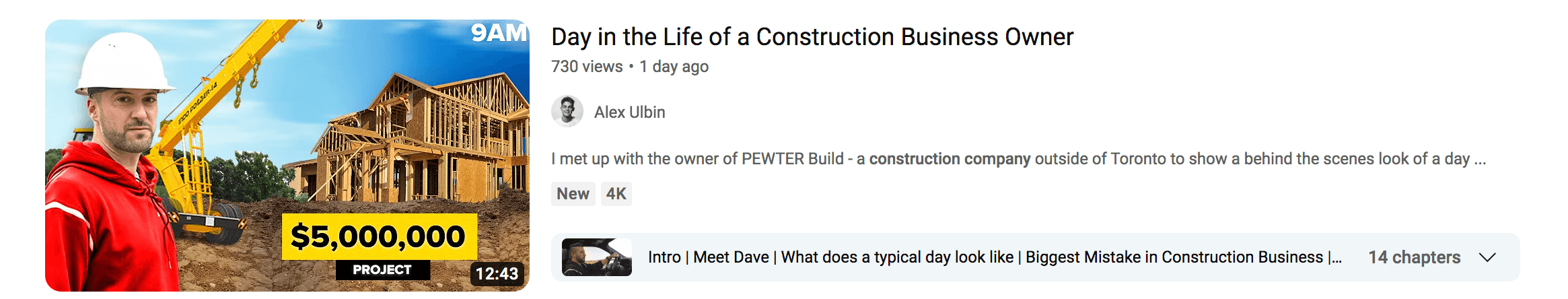 YouTube icon of a video about the day in the life of a construction business owner