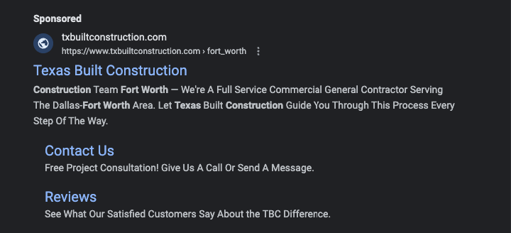 PPC construction ad for a company in Texas