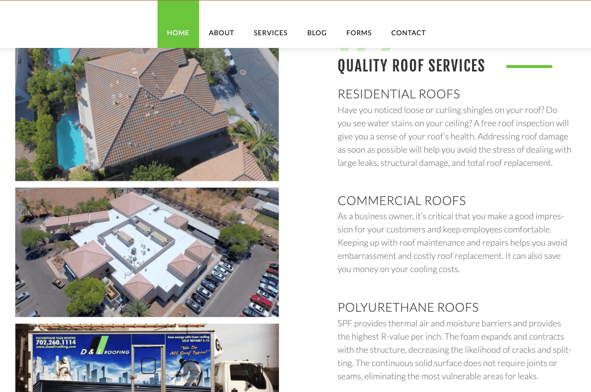 Short paragraphs of text on D&L Roofing's website