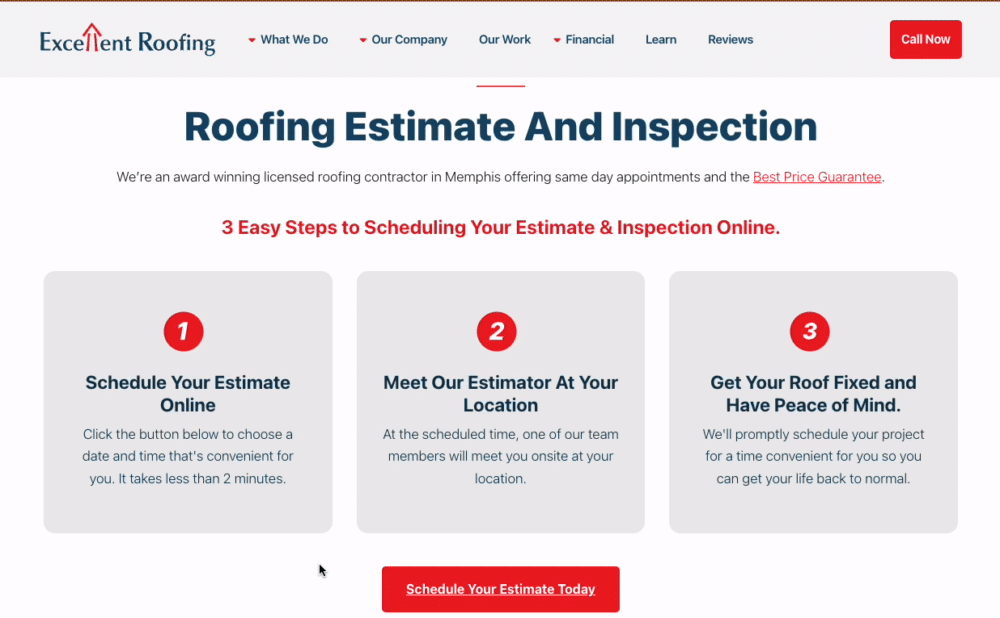 Interactive elements on Excellent Roofing's website