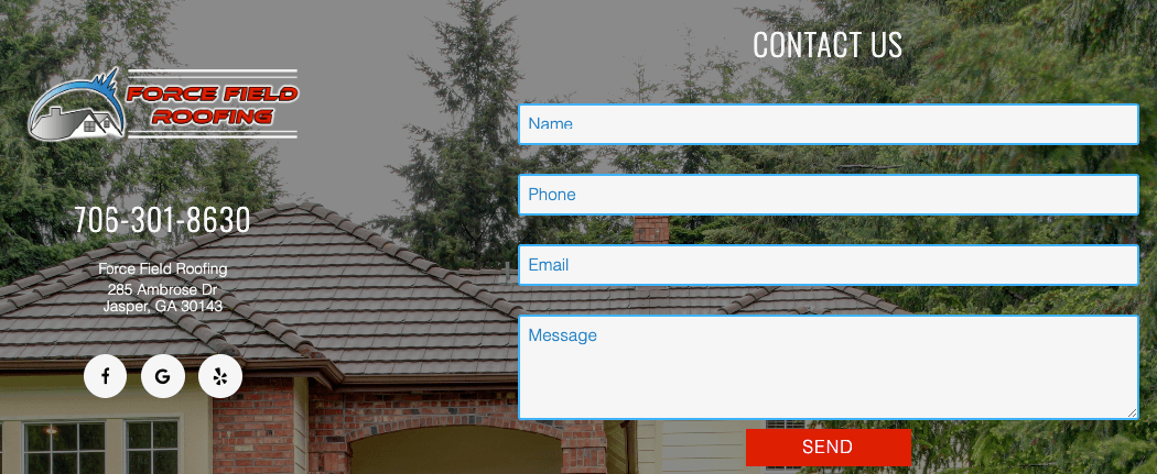 Contact form on Force Field Roofing's website