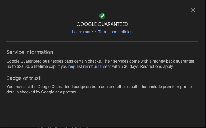 Google Guarantee Badge money back details