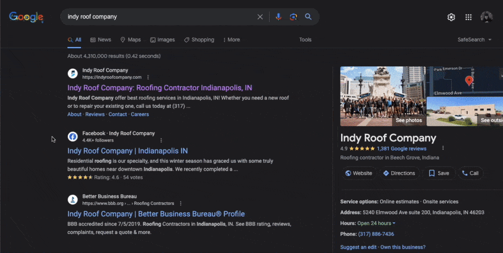 Clicking on Indy Roofing Company's website on Google and loading the homepage