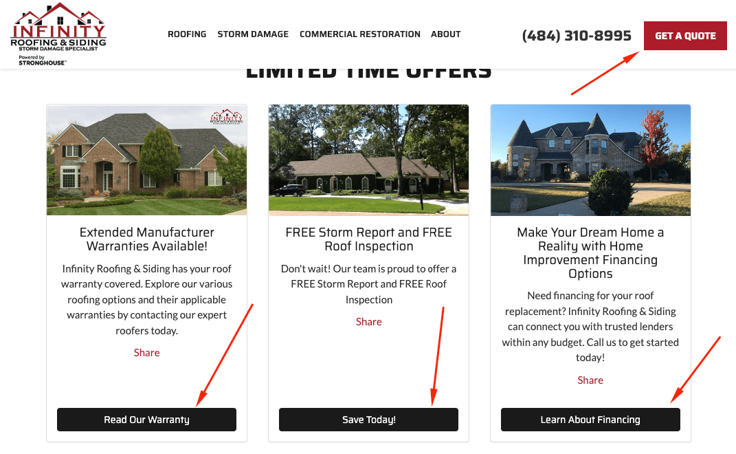 CTA buttons on Infinity Roofing's website showing specific actions to take