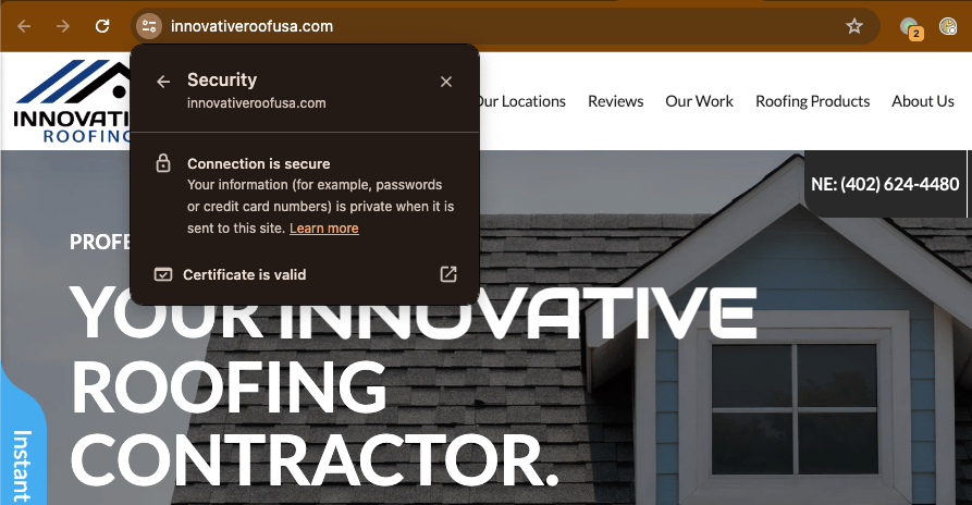 Innovative Roofing showing they have a secure website