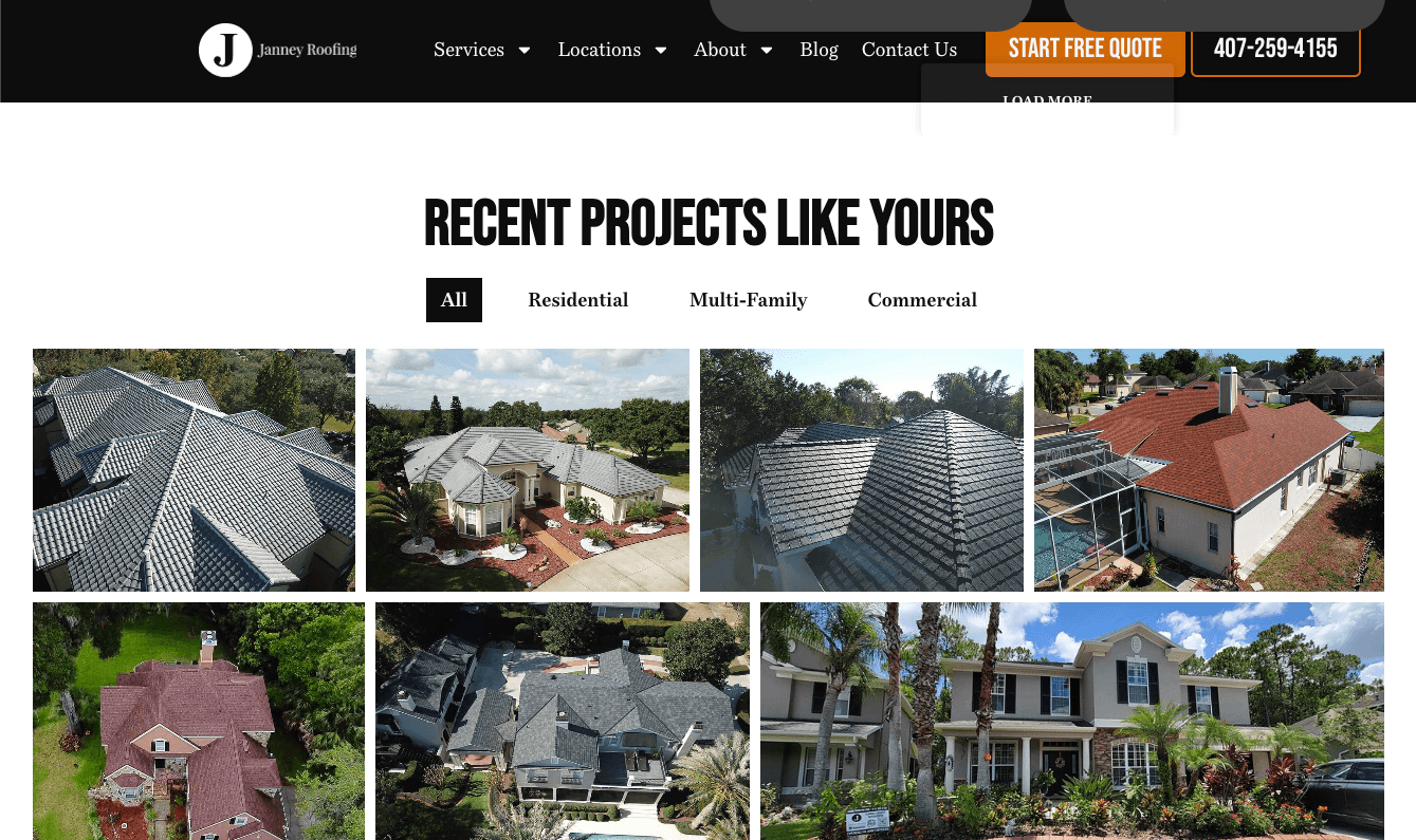 Portfolio pictures of roofing projects on Janney Roofing's website