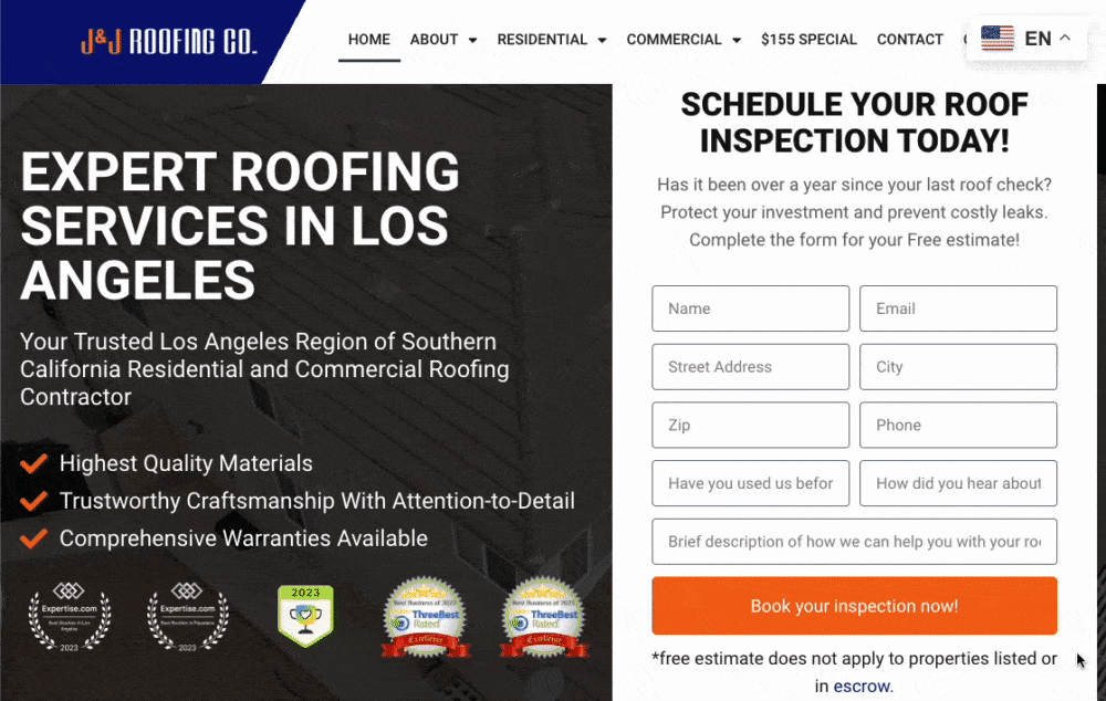 Scrolling through JJ Roofing's homepage