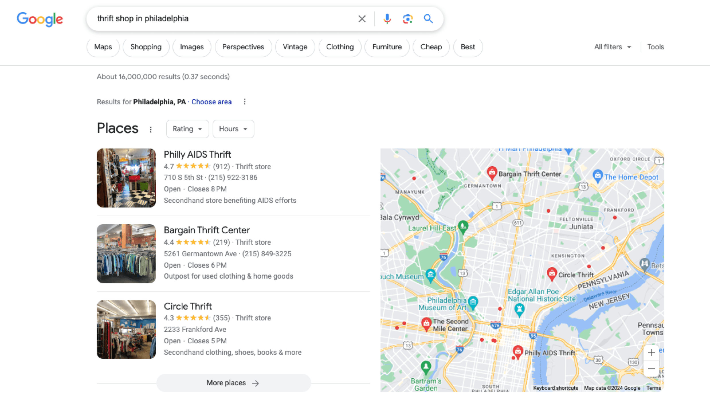 Screenshot of Google SERPs for "thrift shop in Philadelphia"