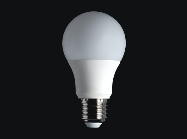 LED light bulb with a frosted white cover and a silver base.