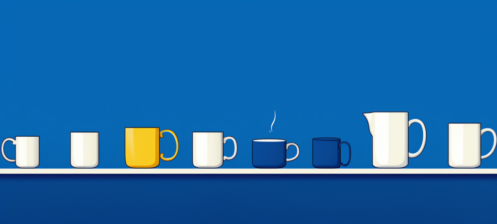 A collection of various mugs and a jug on a shelf against a blue background, with one blue mug showing steam, indicating a hot drink.