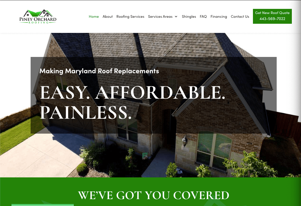 Homepage for Piney Orchard featuring their roofing logo in the top left corner