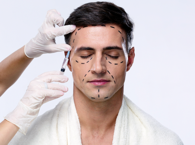 A man with cosmetic surgery markings on his face is receiving an injection from a gloved hand, indicating a cosmetic procedure.