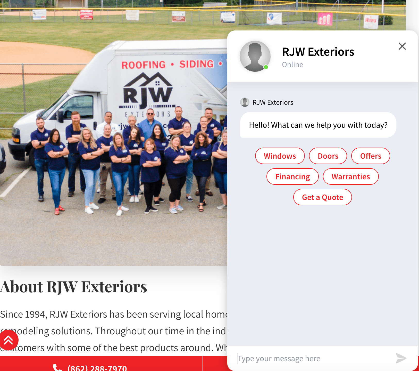 Customer service chatbox on RJW's website