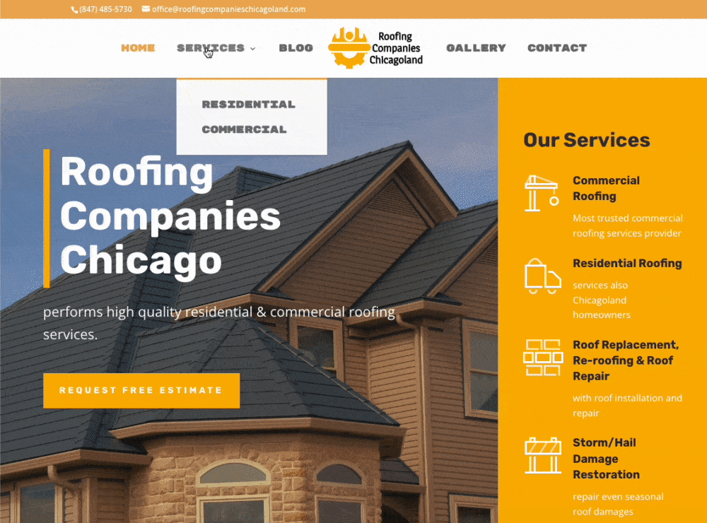 Homepage for Chicagoland Roofing showing their bright yellow and white design