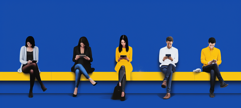 Five people seated on a yellow bench against a blue background, each engrossed in their own mobile devices.