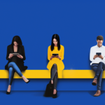 Five people seated on a yellow bench against a blue background, each engrossed in their own mobile devices.