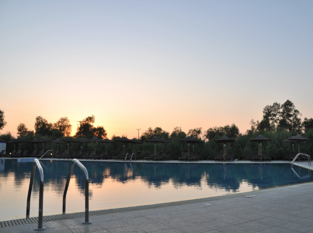 Outdoor swimming pool at sunset with calm water, metal ladders, and a row of trees and small structures in the background.