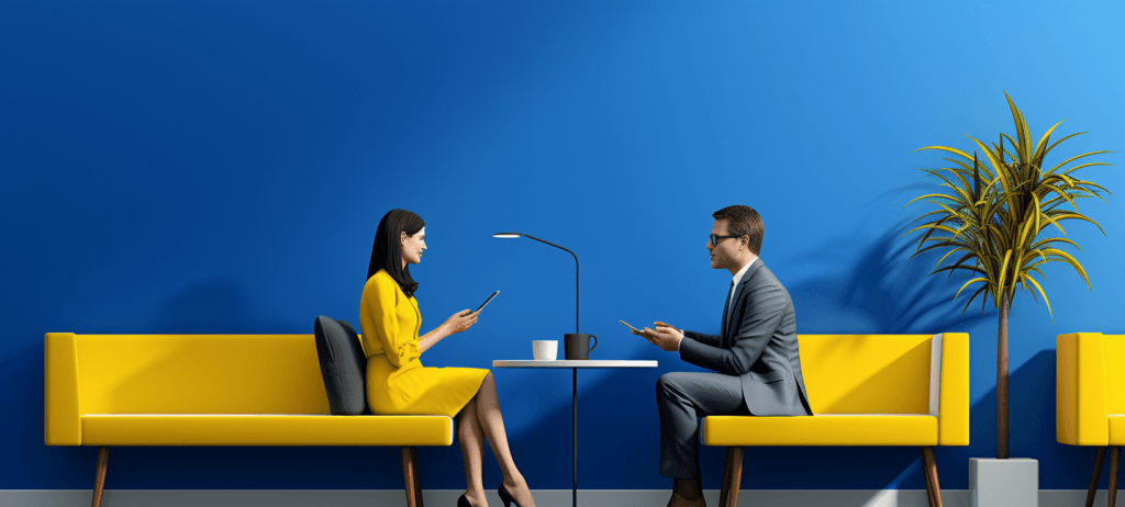 Woman in a yellow dress sitting in a chair across from a man in suit with glasses