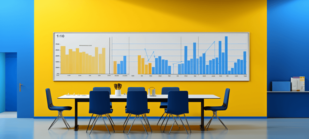 A conference room with a yellow and blue color scheme featuring a large wall-mounted chart, a black table with blue chairs, and a bookshelf with office supplies.