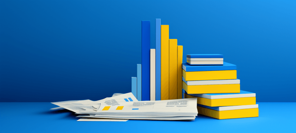 A conceptual image featuring a bar graph made of blue and yellow bars, scattered papers with charts, and a stair-step stack of books with blue and yellow covers, all against a blue background.