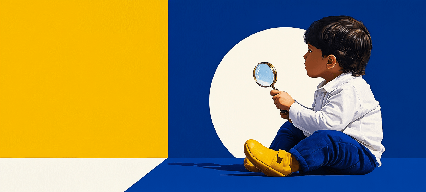 young boy with a magnifying glass sitting on the floor