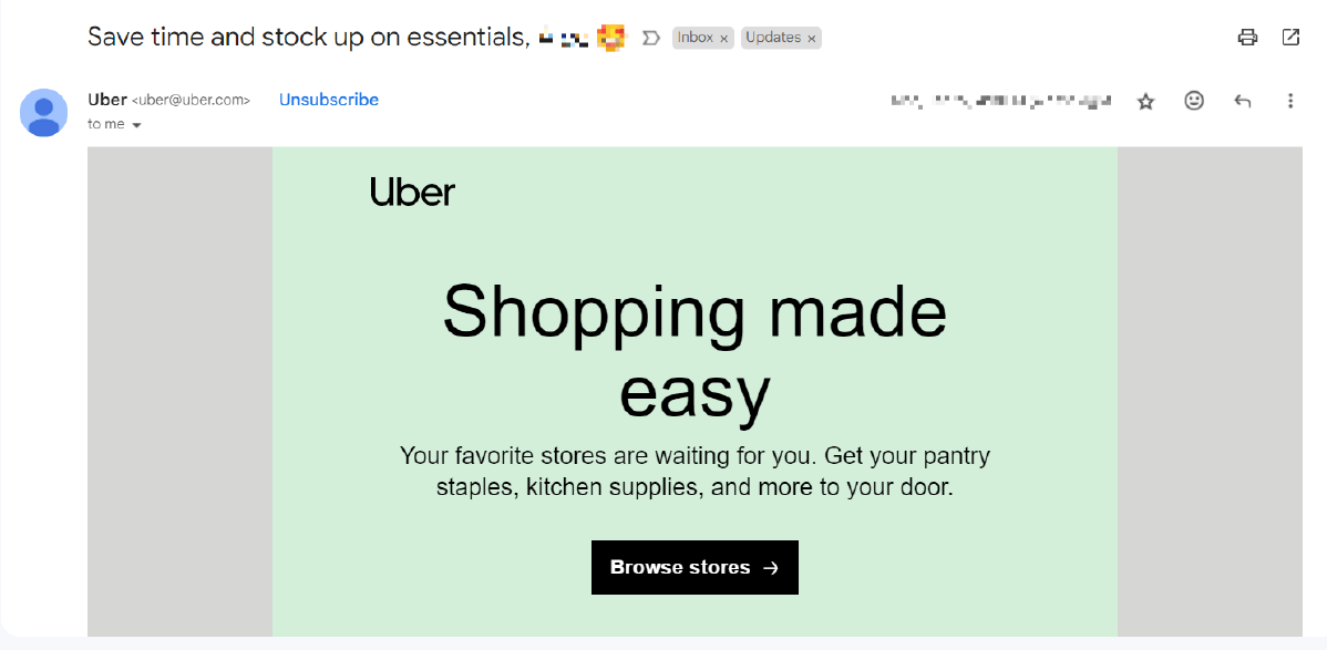 Uber Eats email with a black call to action button