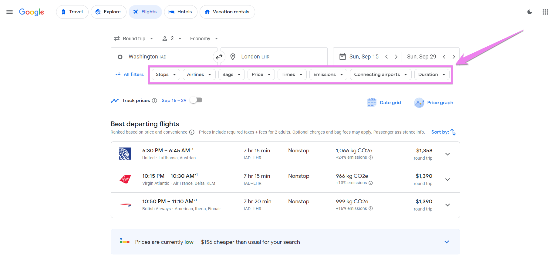 google flights shows organized search results