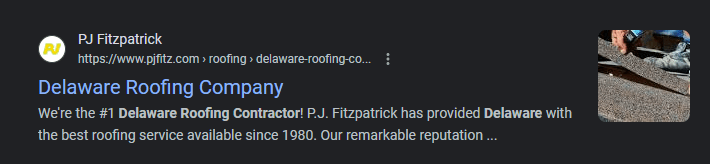 Google listing for a roofing company from Delaware