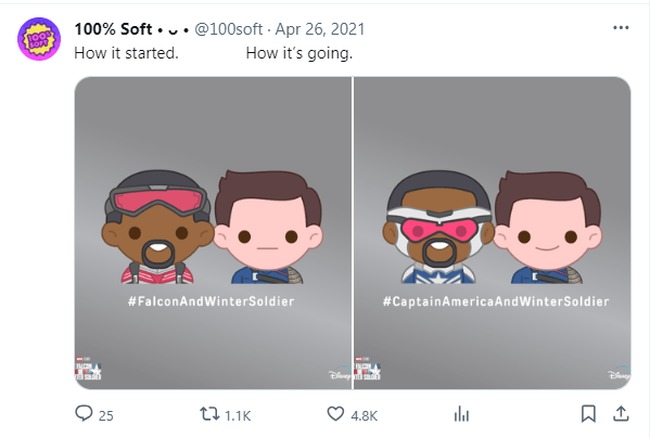 Twitter post from 100% Soft about Falcon and the Winter Soldier TV show