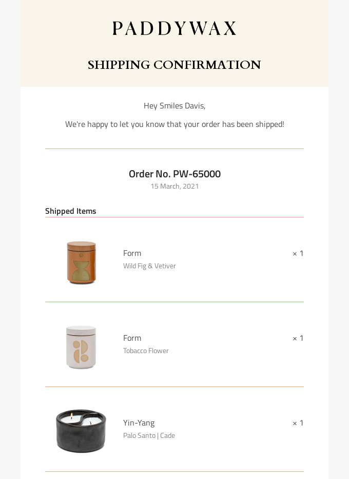 confirmation email paddywax