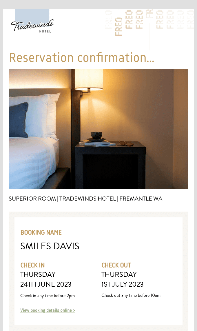 confirmation email tradewinds hotel