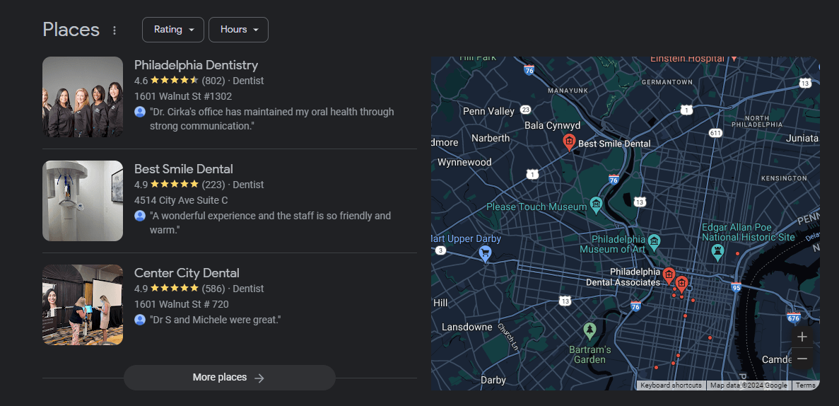 Google local 3-pack generating results for a search for a dentist in Philadelphia