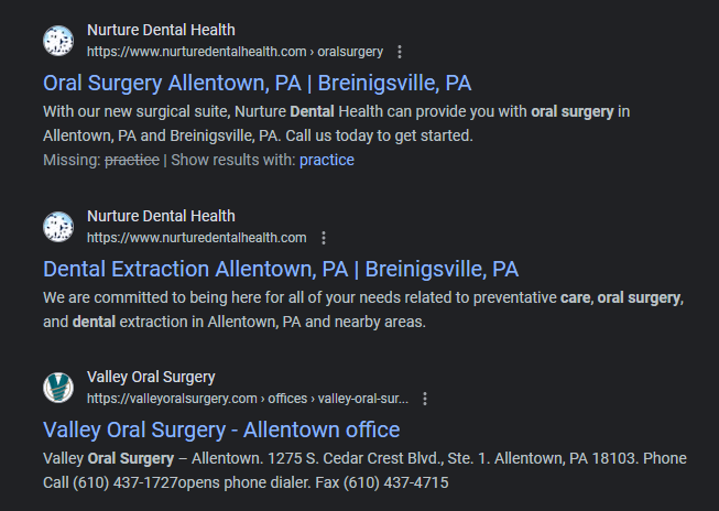 SEO results showing dental practices