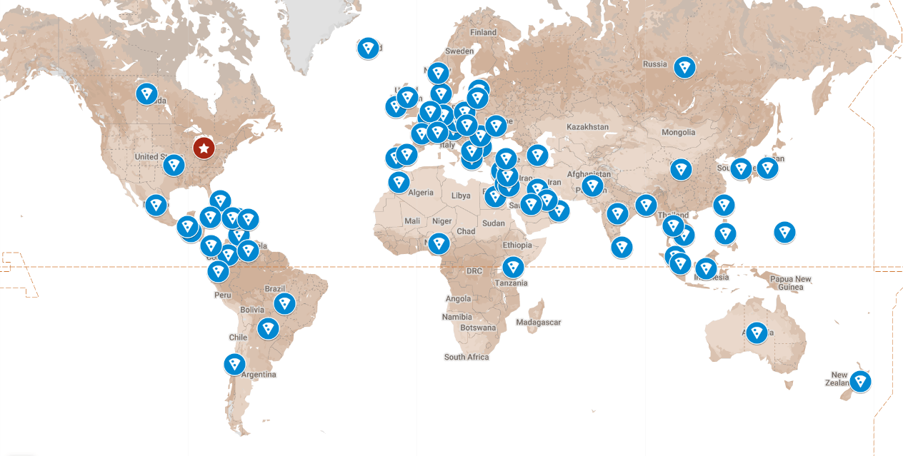 Screenshot of the map of Domino's locations worldwide