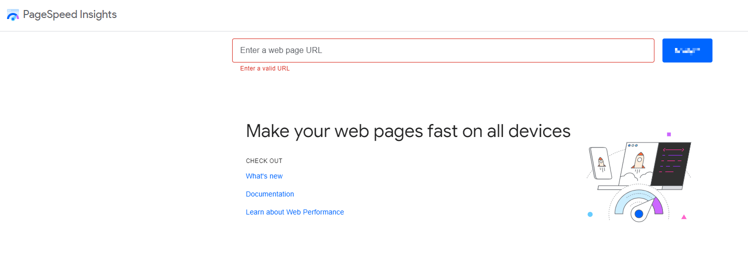 Homepage for Google PageSpeed Insights tool