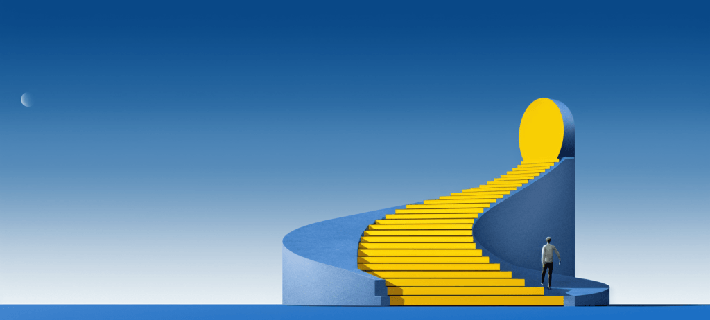 a blue and yellow staircase with a yellow circle in the middle