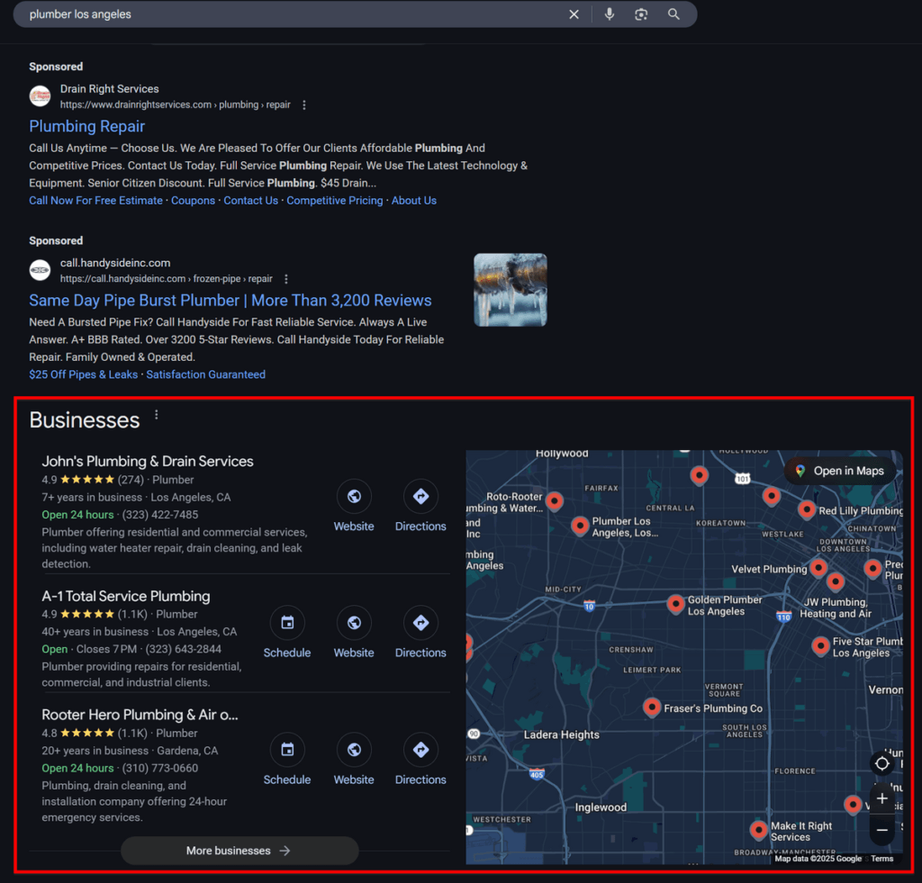 Local SEO results for a plumber