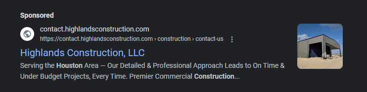 PPC advertisement for a construction company