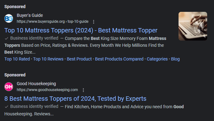 Paid ads at the top of a search result for a mattress topper