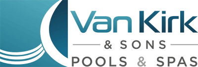 Van Kirk & Sons Pools & Spas logo written in stylized text next to a blue and white insignia