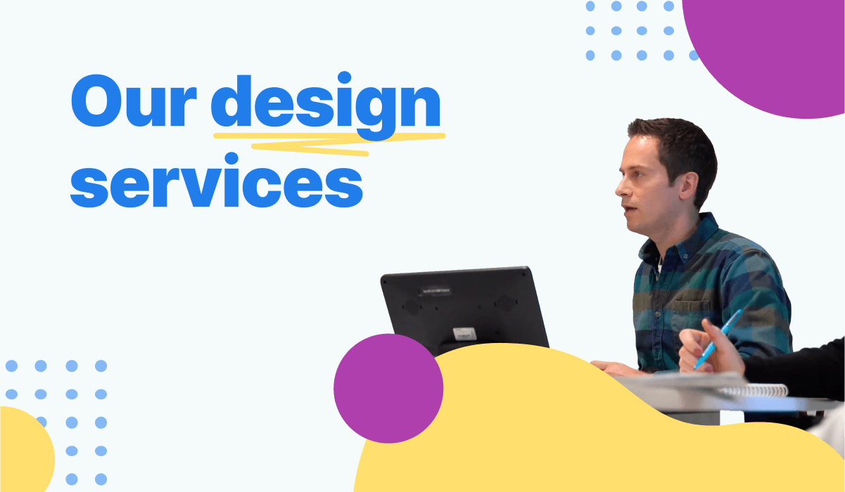 Promotional graphic with the text 'Our design services' featuring a man working on a laptop with abstract colorful shapes in the background.