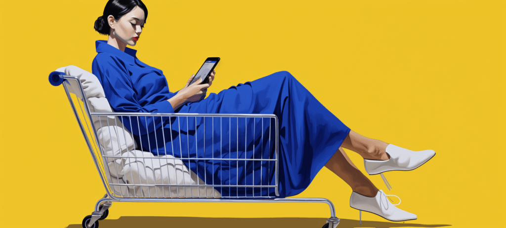 Woman sitting in a shopping cart staring at a tablet