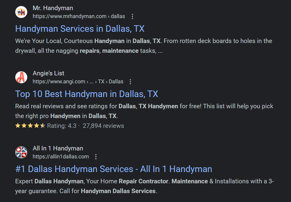 SEO listings for handymen in Dallas