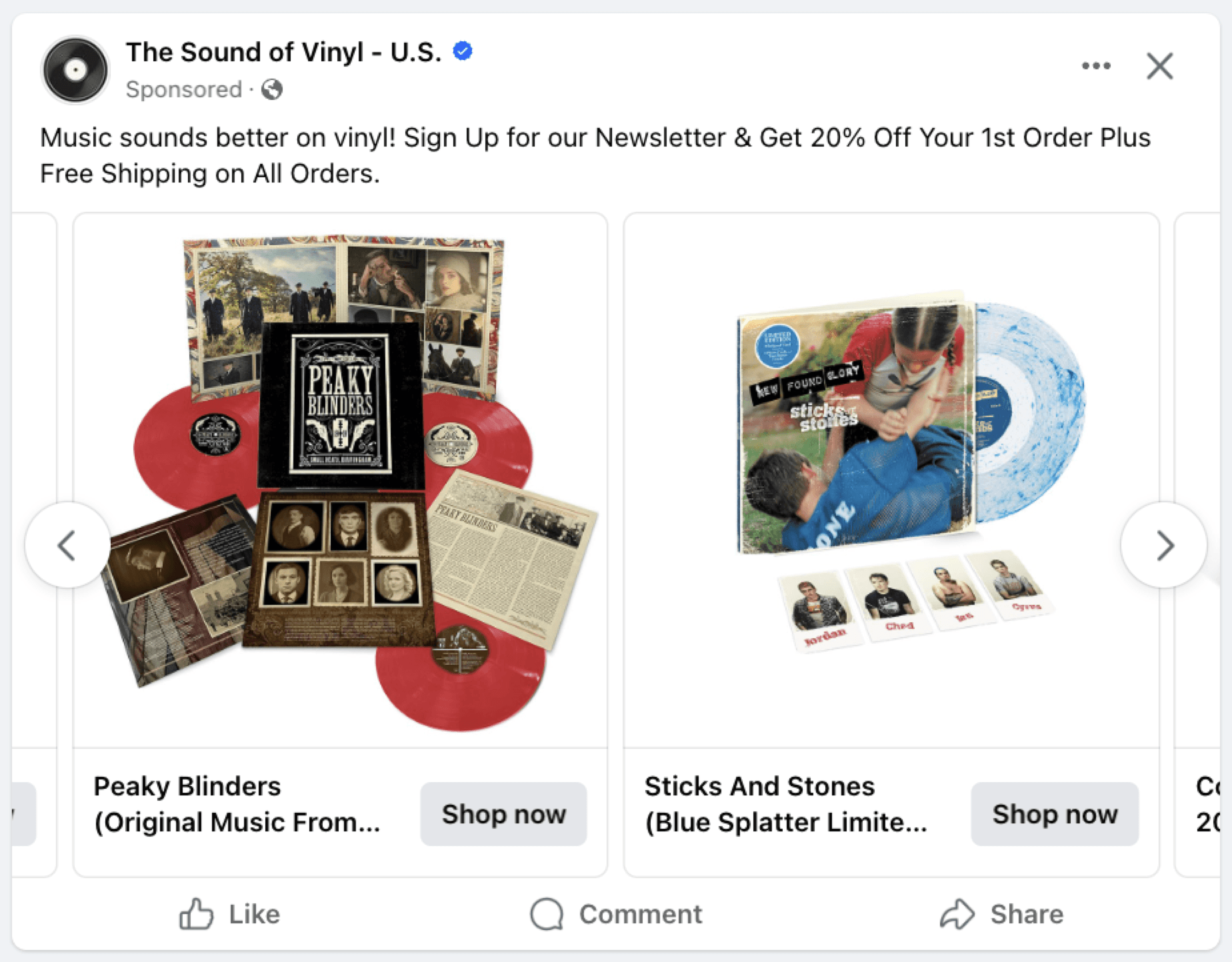 screenshot of a shoppable facebook ad from The Sound of Vinyl - U.S.