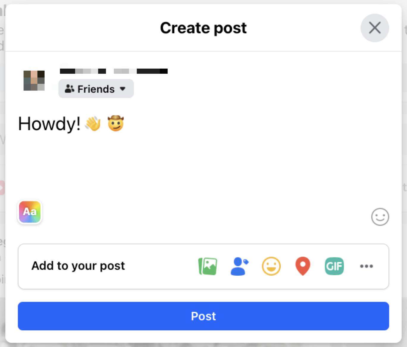 facebook create a post window with the phrase "howdy!" typed