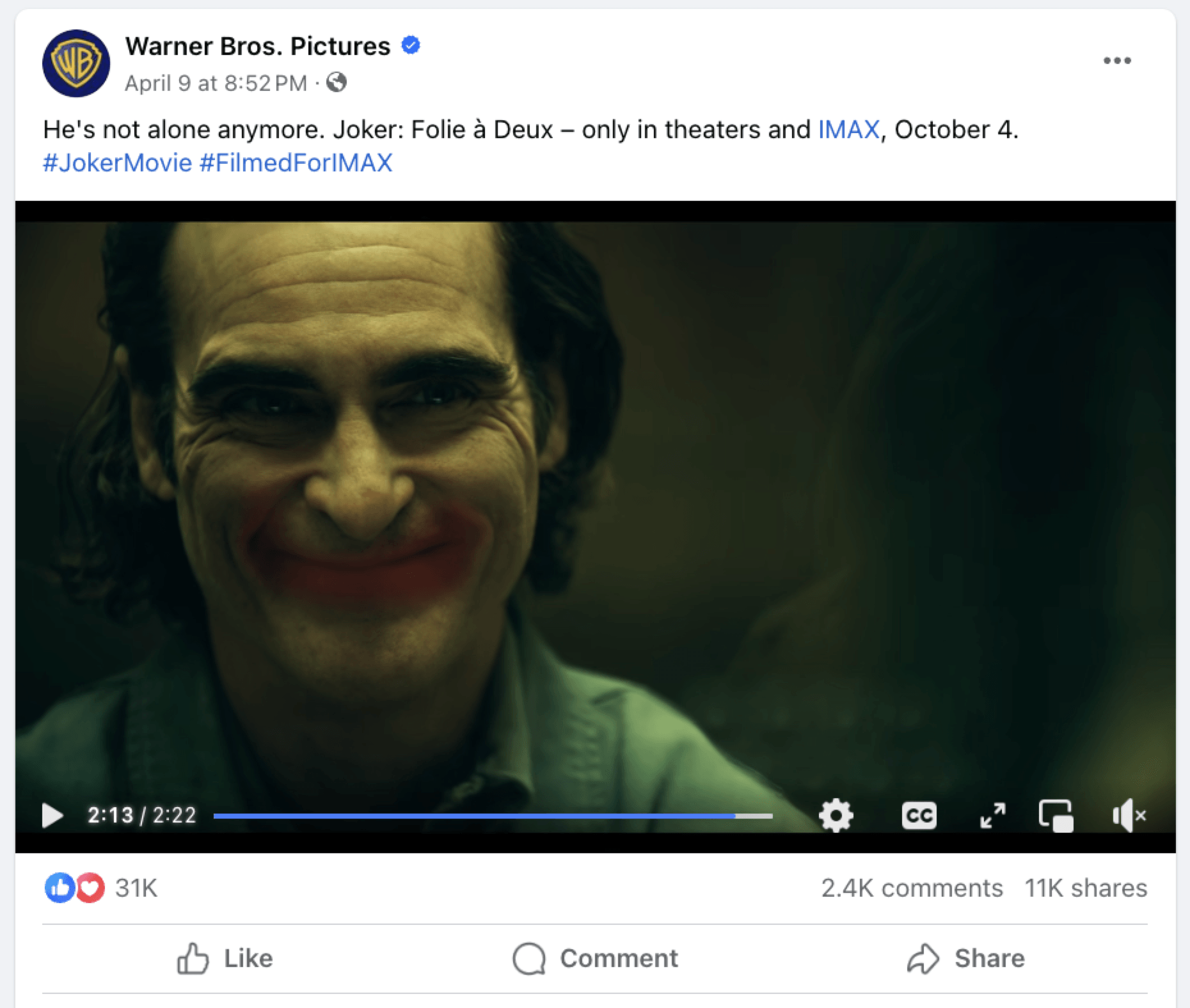 screenshot of a facebook video post from Warner Bros. Pictures featuring the trailer for Joker