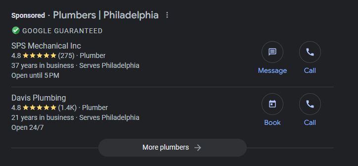 Google Local Services Ads at the top of search for plumbers