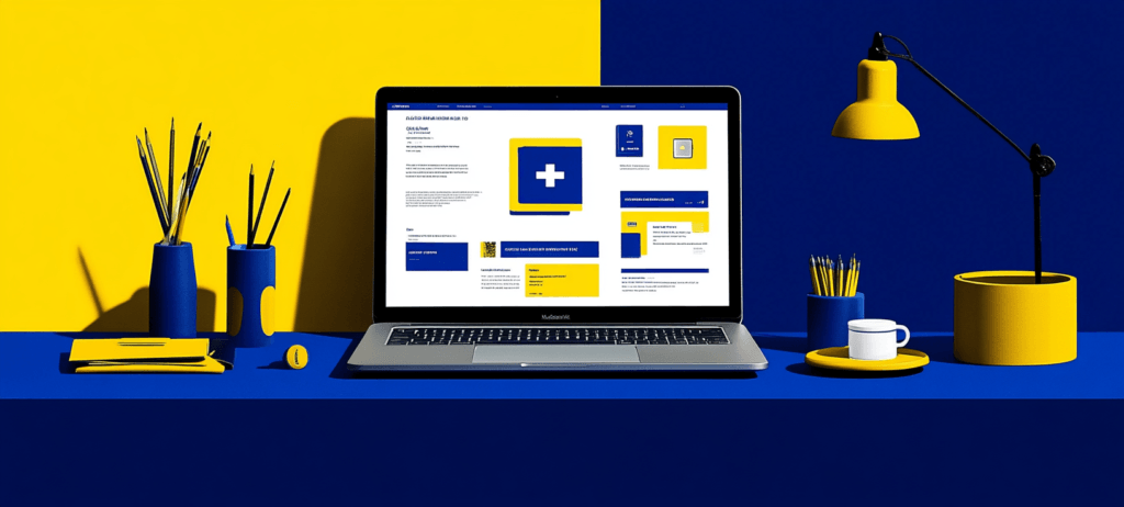 A laptop on a blue desk displays a medical website, surrounded by blue and yellow office supplies and a lamp.