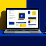 A laptop on a blue desk displays a medical website, surrounded by blue and yellow office supplies and a lamp.